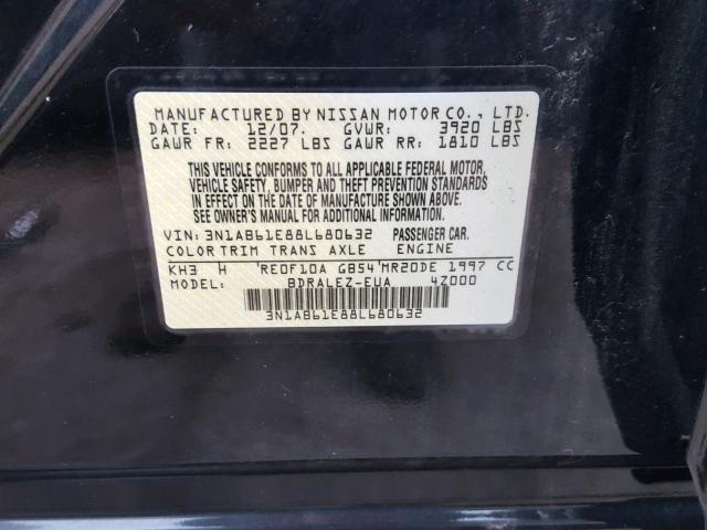 3N1AB61E88L680632 - 2008 NISSAN SENTRA 2.0 BLACK photo 10