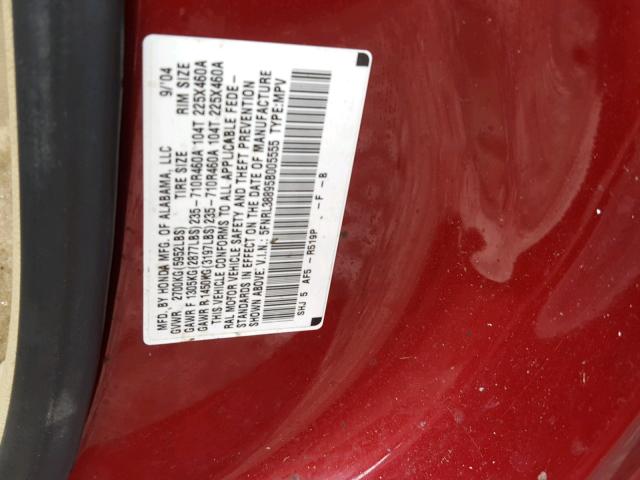 5FNRL38895B005555 - 2005 HONDA ODYSSEY TO RED photo 10