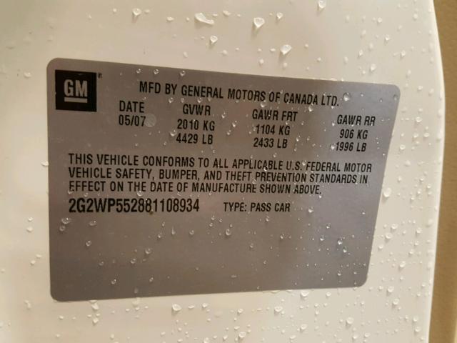 2G2WP552881108934 - 2008 PONTIAC GRAND PRIX WHITE photo 10