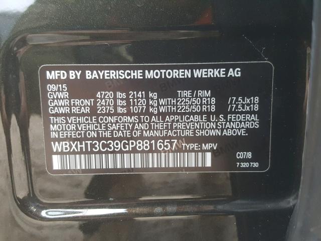 WBXHT3C39GP881657 - 2016 BMW X1 XDRIVE2 BLACK photo 10