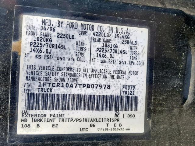 1FTCR10A7TPB07978 - 1996 FORD RANGER BLACK photo 10