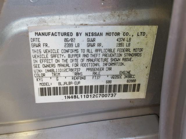 1N4BL11D12C700737 - 2002 NISSAN ALTIMA SE SILVER photo 10