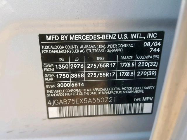 4JGAB75EX5A550721 - 2005 MERCEDES-BENZ ML 500 SILVER photo 10