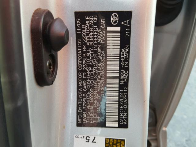 JTDKB20U367063224 - 2006 TOYOTA PRIUS SILVER photo 10