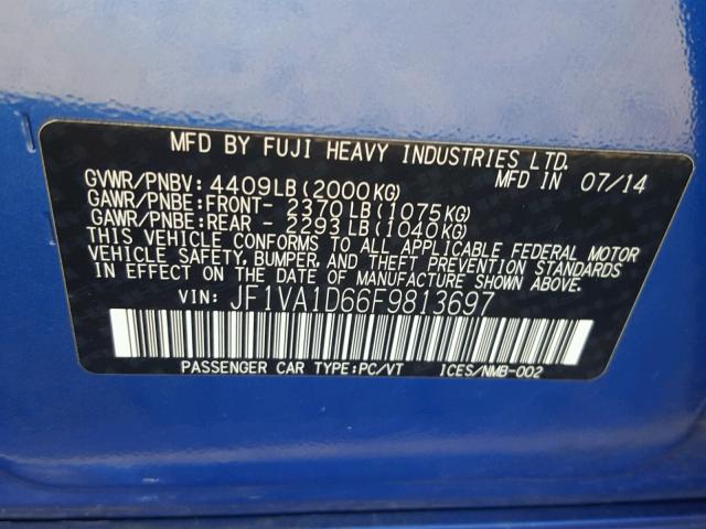 JF1VA1D66F9813697 - 2015 SUBARU WRX PREMIU BLUE photo 10