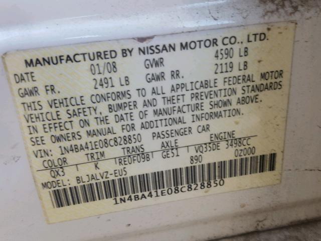 1N4BA41E08C828850 - 2008 NISSAN MAXIMA SE WHITE photo 10