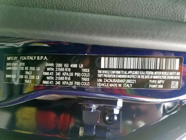 ZACNJBAB4KPJ98221 - 2019 JEEP RENEGADE S BLUE photo 10