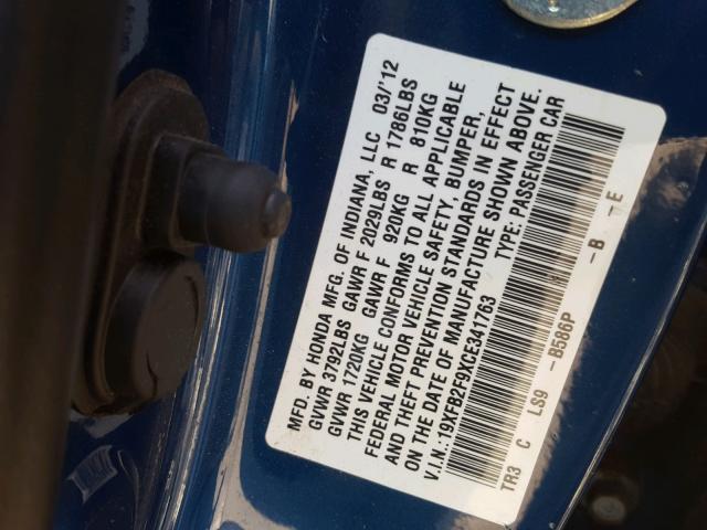 19XFB2F9XCE341763 - 2012 HONDA CIVIC EXL BLUE photo 10