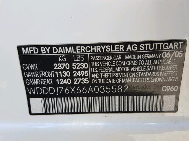 WDDDJ76X66A035582 - 2006 MERCEDES-BENZ CLS 55 AMG WHITE photo 10