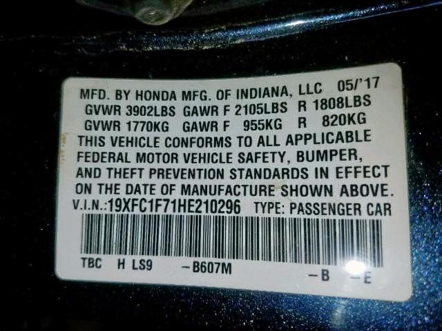 19XFC1F71HE210296 - 2017 HONDA CIVIC EXL Grafit foto 10