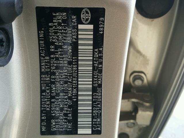 4T1BK1EBXJU286111 - 2018 TOYOTA AVALON XLE GOLD photo 10