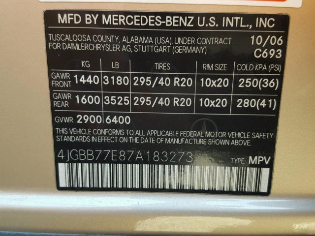 4JGBB77E87A183273 - 2007 MERCEDES-BENZ ML 63 AMG GOLD photo 10