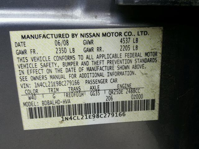 1N4CL21E98C279166 - 2008 NISSAN ALTIMA HYB GRAY photo 10