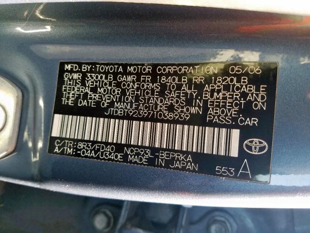 JTDBT923971038939 - 2007 TOYOTA YARIS BLUE photo 10