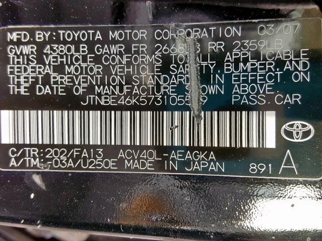 JTNBE46K573105549 - 2007 TOYOTA CAMRY CE BLACK photo 10