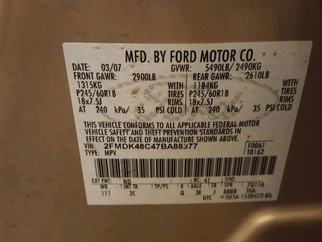 2FMDK48C47BA88377 - 2007 FORD EDGE SEL TAN photo 10