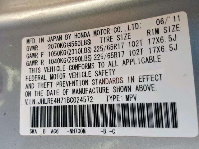 JHLRE4H71BC024572 - 2011 HONDA CR-V EXL SILVER photo 10