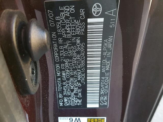 JTKDE167880240995 - 2008 TOYOTA SCION TC 栗色 照片 10