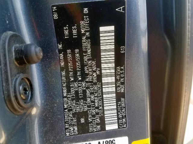 5TDJK3DC7ES092362 - 2014 TOYOTA SIENNA LE BLUE photo 10