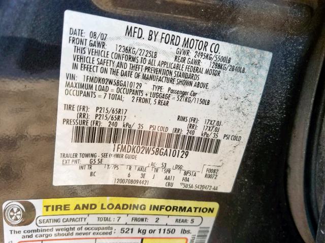 1FMDK02W58GA10129 - 2008 FORD TAURUS X S GRAY photo 10