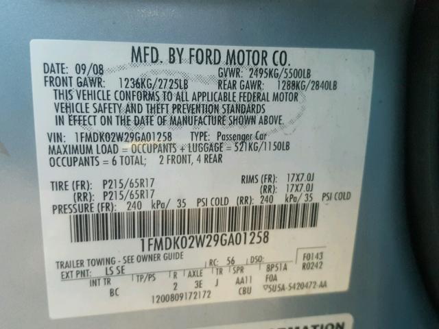 1FMDK02W29GA01258 - 2009 FORD TAURUS X S BLUE photo 10