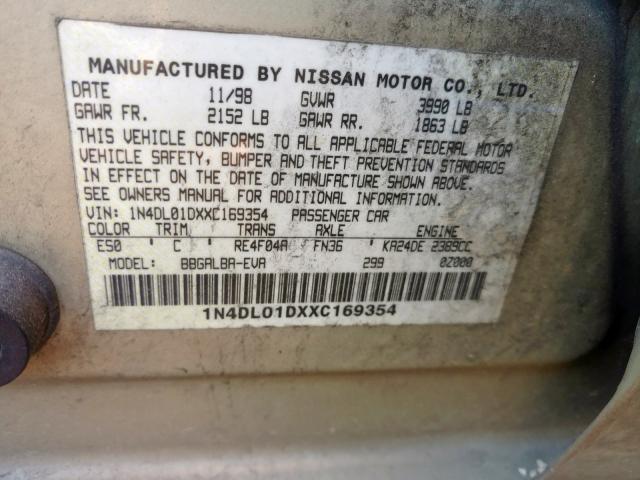 1N4DL01DXXC169354 - 1999 NISSAN ALTIMA XE GOLD photo 10