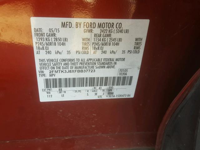 2FMTK3J8XFBB37723 - 2015 FORD EDGE SEL RED photo 10