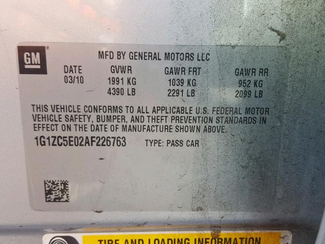 1G1ZC5E02AF226763 - 2010 CHEVROLET MALIBU 1LT 银色 照片 10