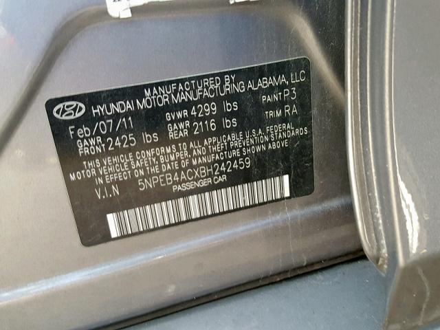 5NPEB4ACXBH242459 - 2011 HYUNDAI SONATA GLS GRAY photo 10