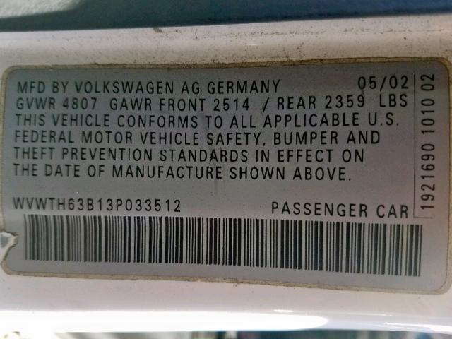 WVWTH63B13P033512 - 2003 VOLKSWAGEN PASSAT GLX WHITE photo 10