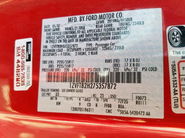 1ZVFT82H275357872 - 2007 FORD MUSTANG GT RED photo 10