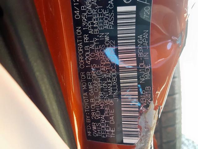 JTNJJXB00CJ019522 - 2012 TOYOTA SCION IQ ORANGE photo 10