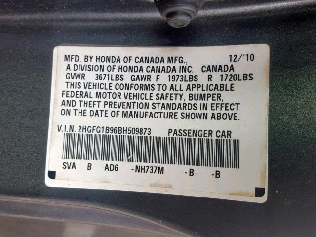 2HGFG1B96BH509873 - 2011 HONDA CIVIC EXL 灰色 照片 10