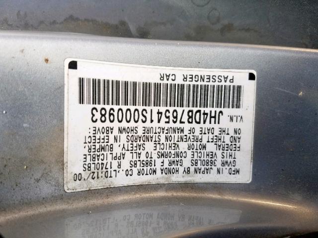 JH4DB76541S000983 - 2001 ACURA INTEGRA LS SILVER photo 10