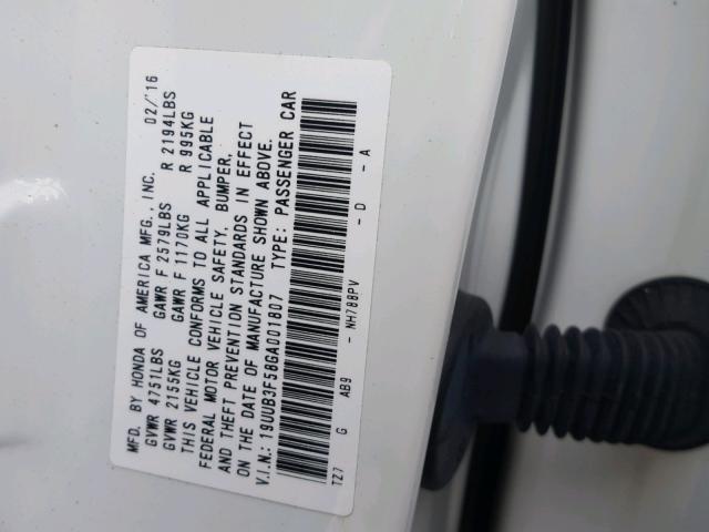 19UUB3F58GA001807 - 2016 ACURA TLX TECH WHITE photo 10