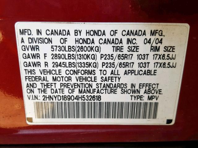 2HNYD18904H532618 - 2004 ACURA MDX TOURIN RED photo 10