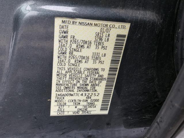 1N6AD09W77C432252 - 2007 NISSAN FRONTIER C GRAY photo 10