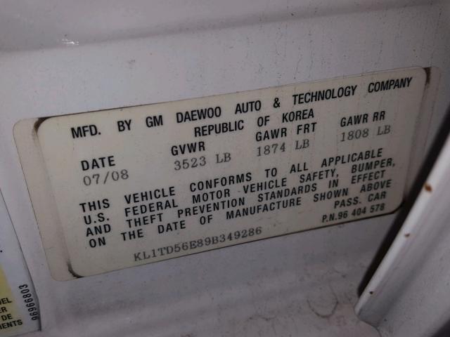 KL1TD56E89B349286 - 2009 CHEVROLET AVEO LS WHITE photo 10