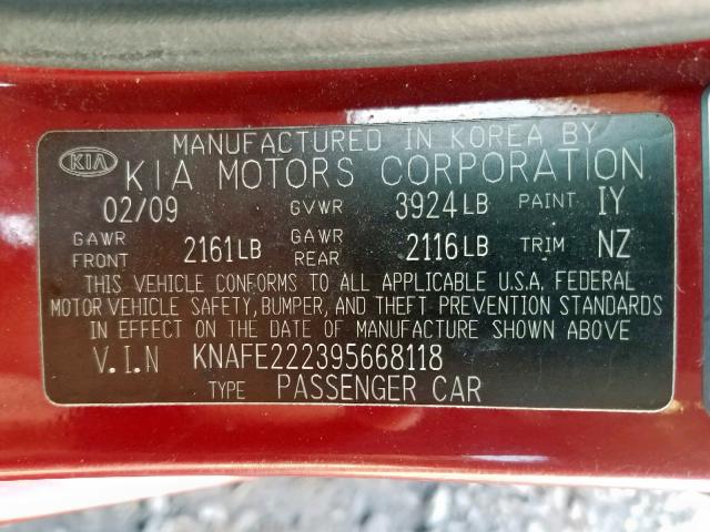 KNAFE222395668118 - 2009 KIA SPECTRA EX RED photo 10