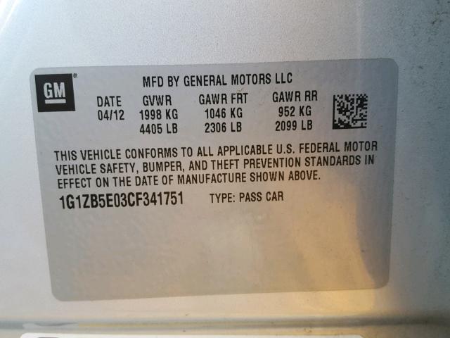 1G1ZB5E03CF341751 - 2012 CHEVROLET MALIBU LS SILVER photo 10