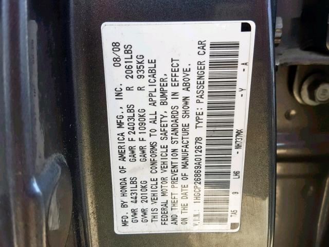 1HGCP26869A012678 - 2009 HONDA ACCORD EXL CHARCOAL photo 10