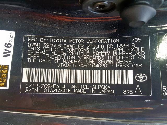 JTKDE167X60104090 - 2006 TOYOTA SCION TC შავი ფოტო 10