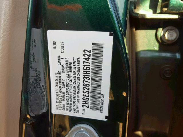 2HGES26731H517422 - 2001 HONDA CIVIC EX GREEN photo 10