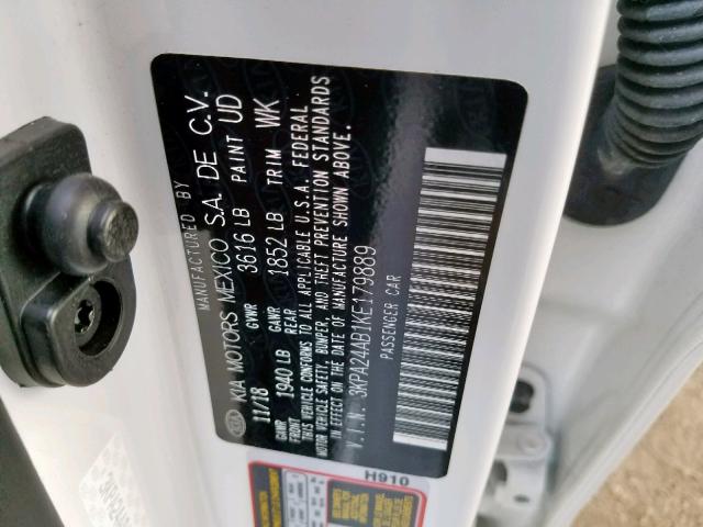 3KPA24AB1KE179889 - 2019 KIA RIO S WHITE photo 10