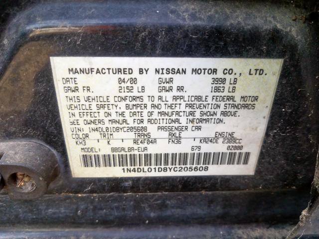 1N4DL01D8YC205608 - 2000 NISSAN ALTIMA XE BLACK photo 10