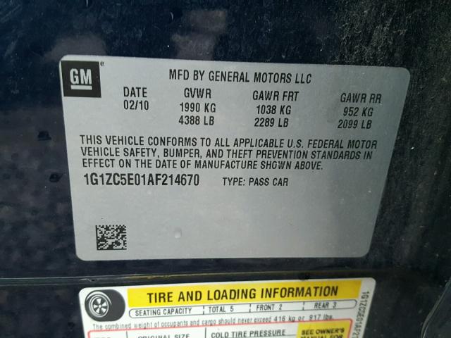 1G1ZC5E01AF214670 - 2010 CHEVROLET MALIBU 1LT BLUE photo 10