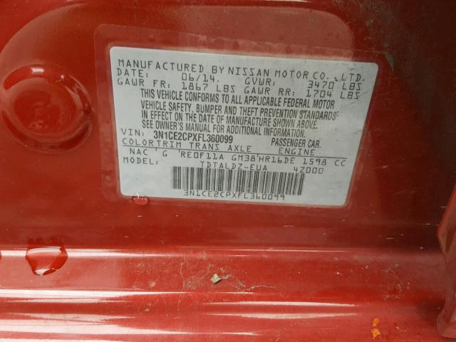 3N1CE2CPXFL360099 - 2015 NISSAN VERSA NOTE RED photo 10