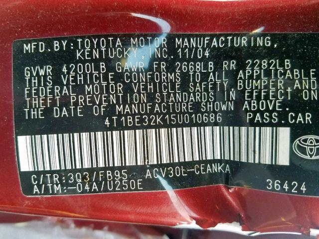 4T1BE32K15U010686 - 2005 TOYOTA CAMRY LE RED photo 10