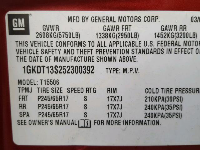 1GKDT13S252300392 - 2005 GMC ENVOY RED photo 10