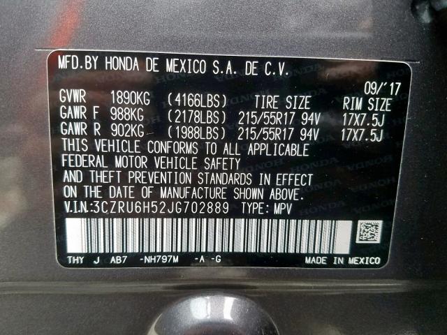 3CZRU6H52JG702889 - 2018 HONDA HR-V EX GRAY photo 10